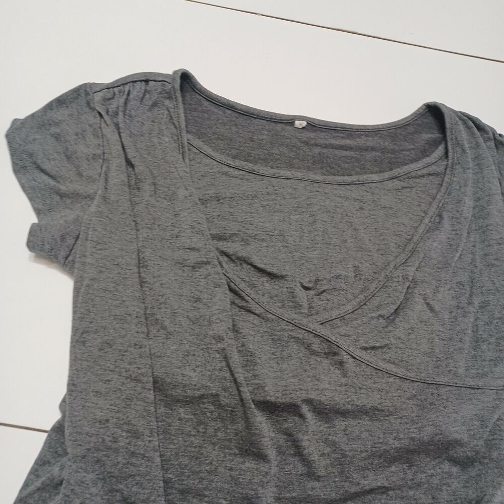 Maternity Women Med. Blouse Grey Short Sleeve Nursing Top Fitted Overlay Stretch - Picture 9 of 12